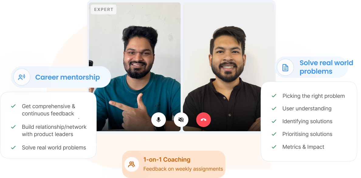 Image of a learner working with a mentor during a 1:1 coaching session to help him write a PRD.

These sessions are designed to help users
      
-Get comprehensive & continuous feedback
-Build network with product leaders
-Solve real world product problems